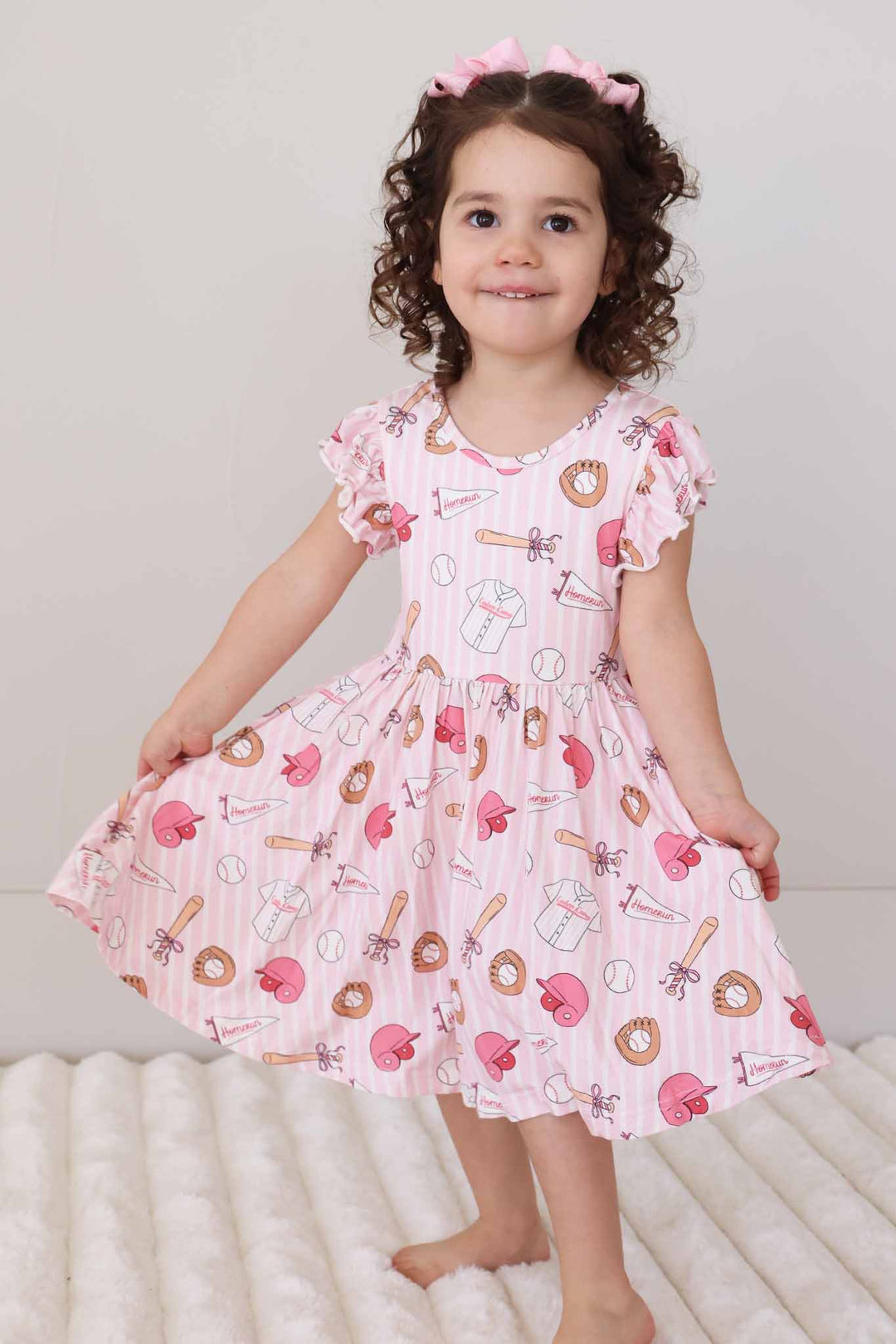 striped casual bamboo pink baseball themed dress for girls 