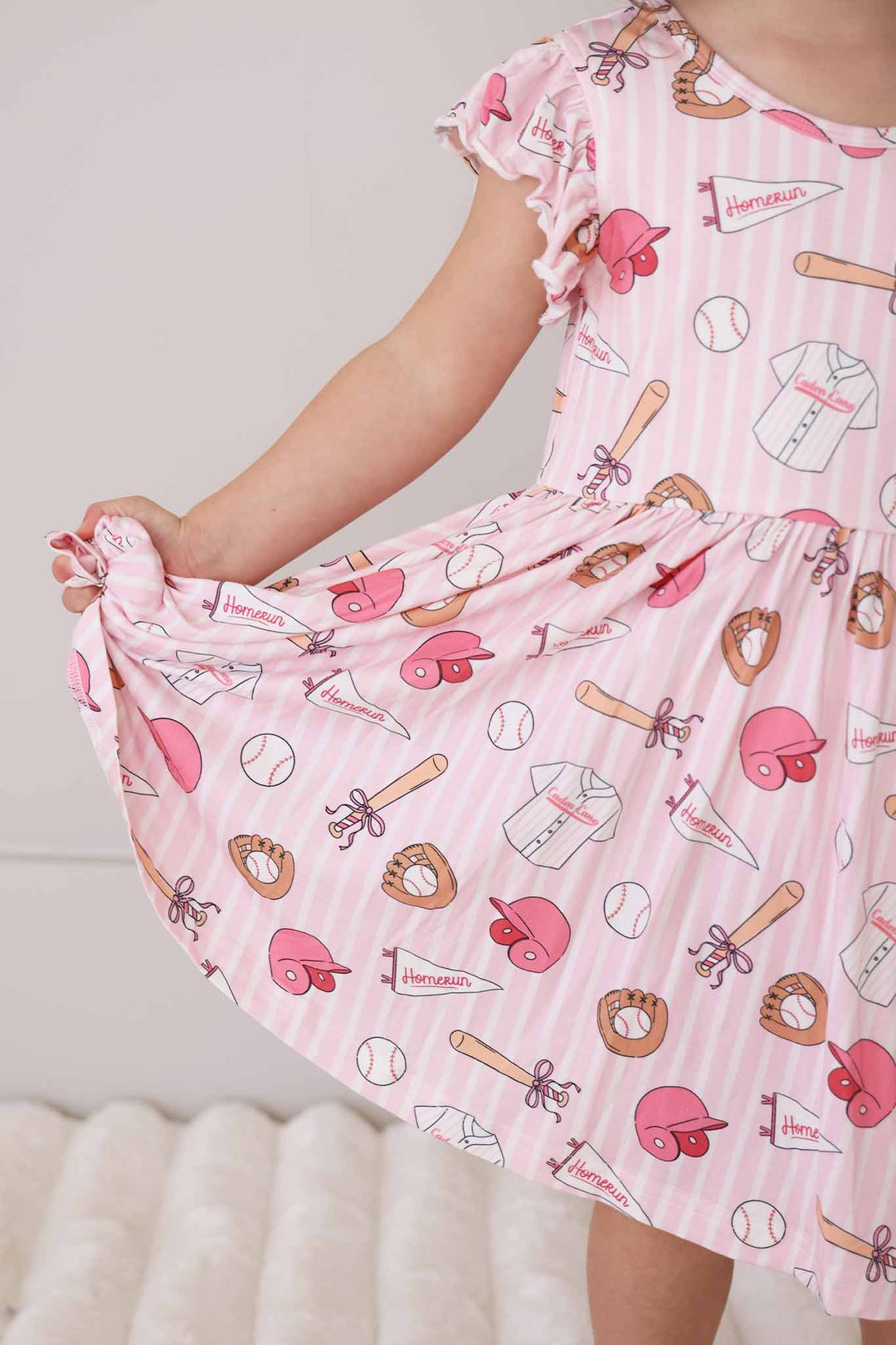 ballpark babes striped dress for girls with pink helmets, baseballs, bats, gloves and more 