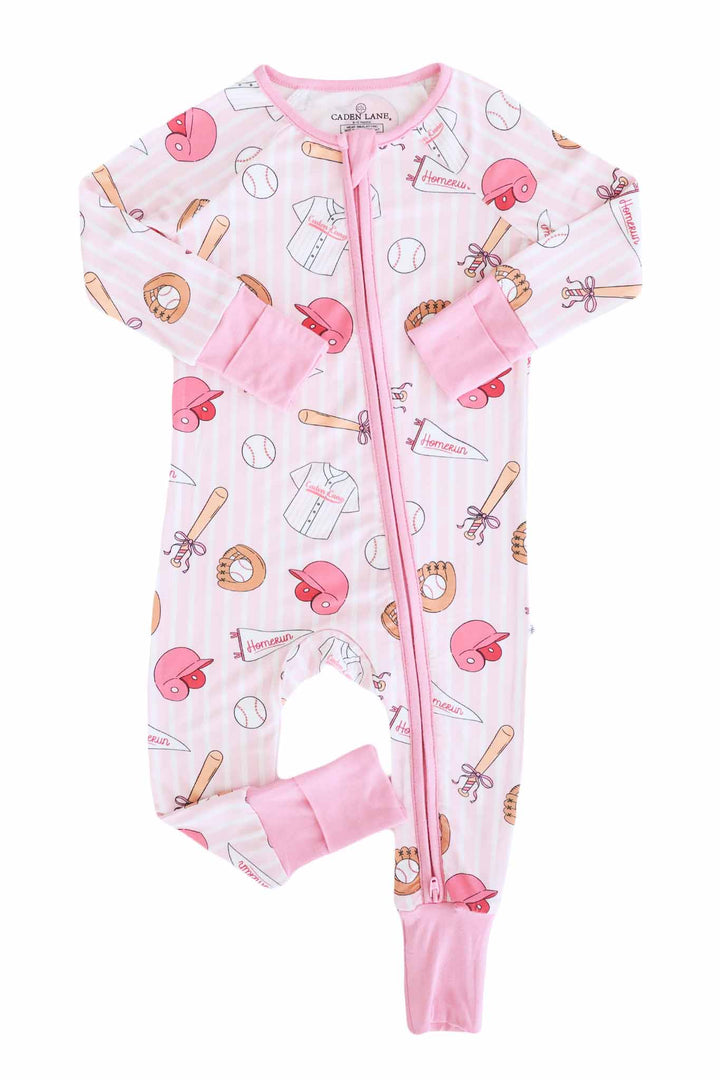 pink girly baseball convertible zip romper pajama 