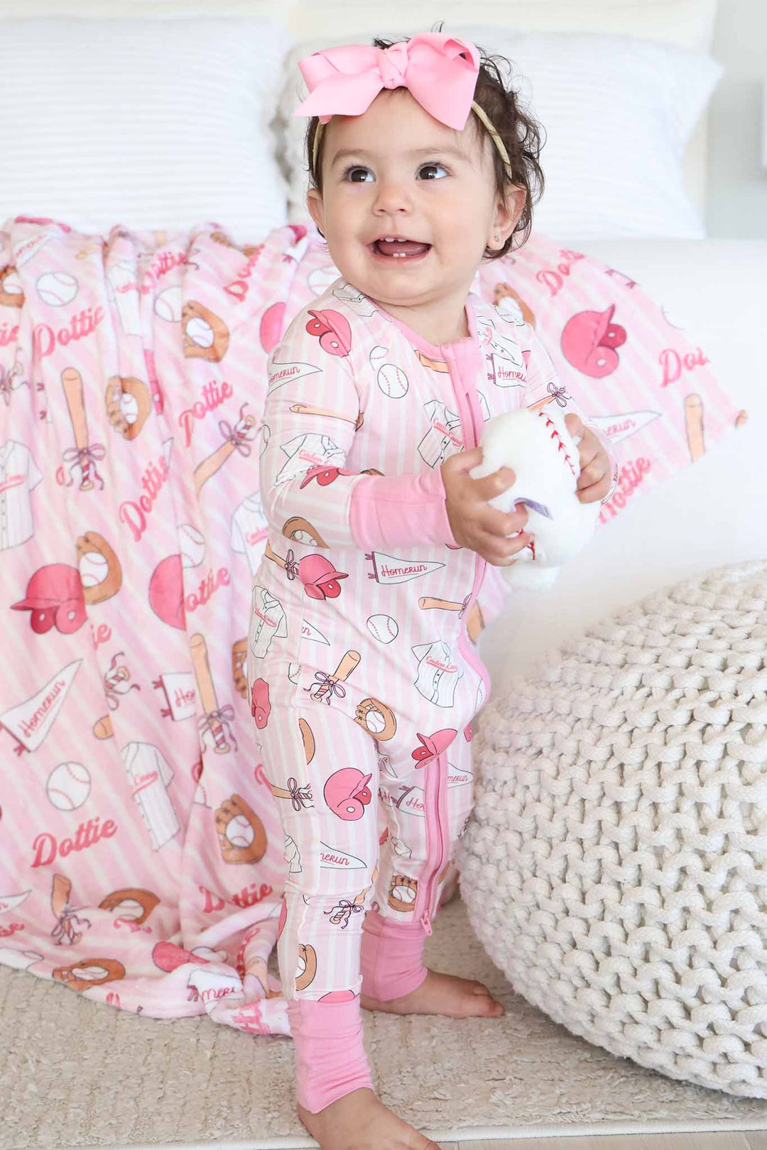 ballpark babes bamboo zip romper pajama with matching personalized blanket