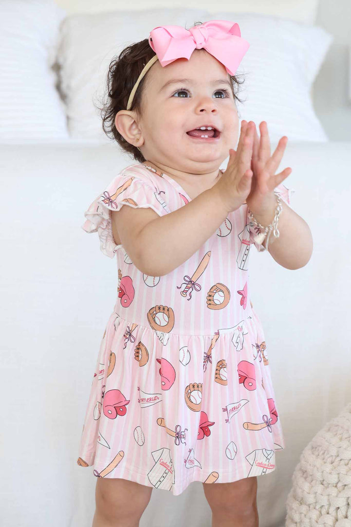 clapping baby girl in ballpark babes skirt bodysuit 