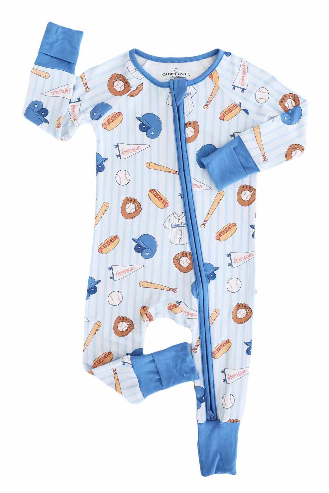 blue striped baseball themed convertible zip romper pajama for boys 