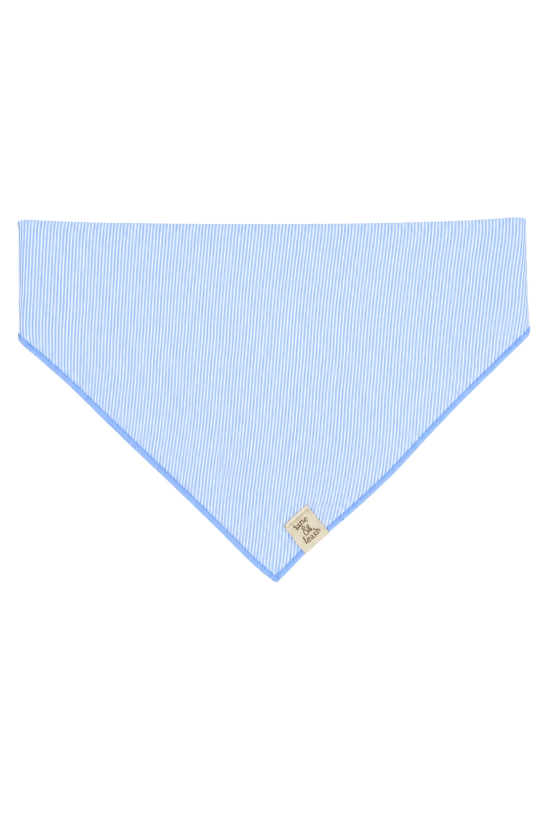 Flat lay of light blue and white striped pet bandana in triangular shape, ready for embroidery personalization, Morning Mist print