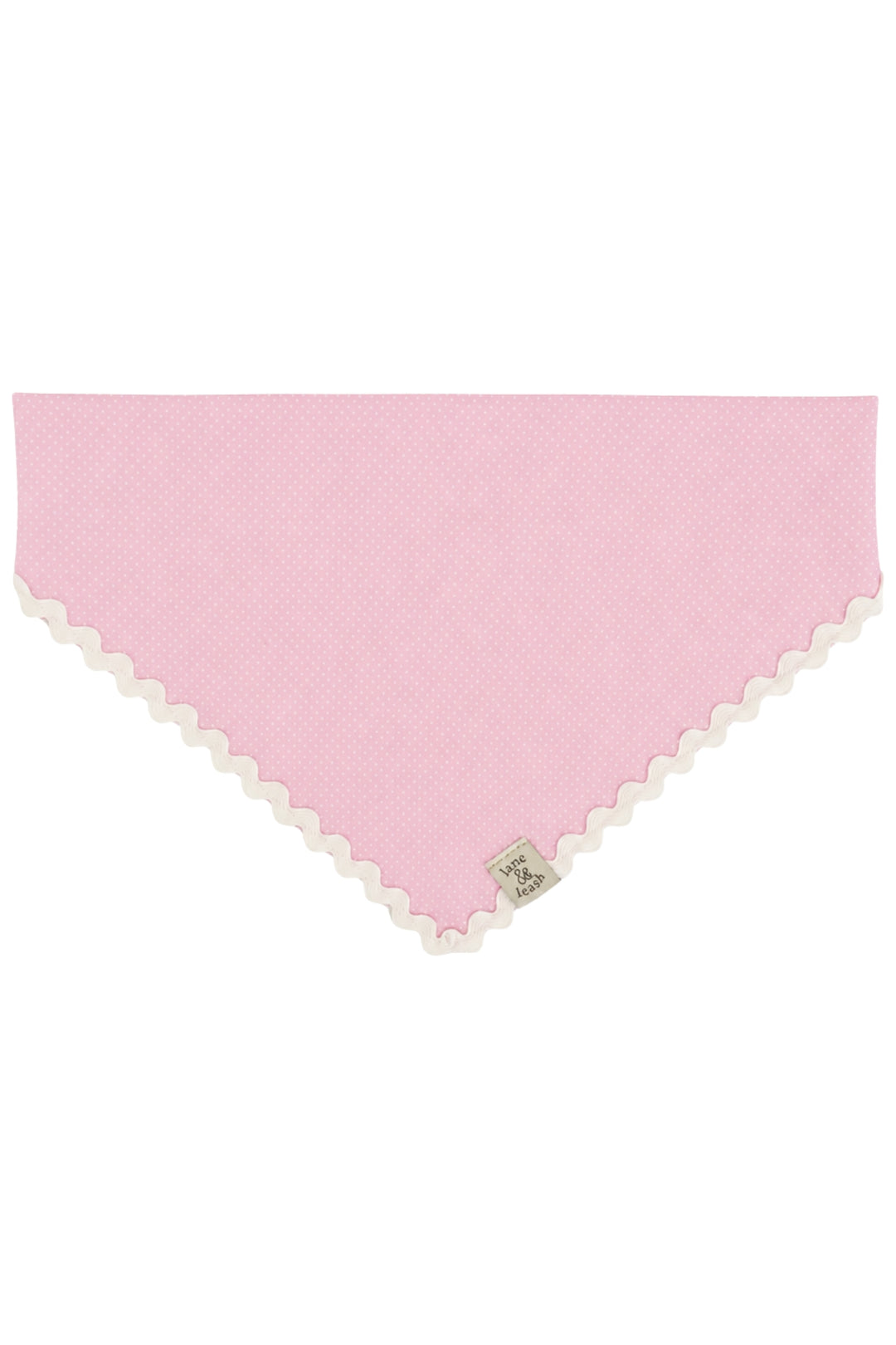 Pink polka dot pet bandana laid flat in a triangle shape with white ric-rac lace trim along the edges