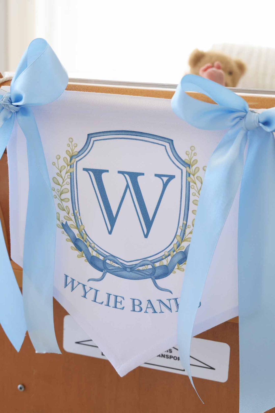 blue monogrammed welcome banner for baby boys with vine detailing and bows tied on the corners 