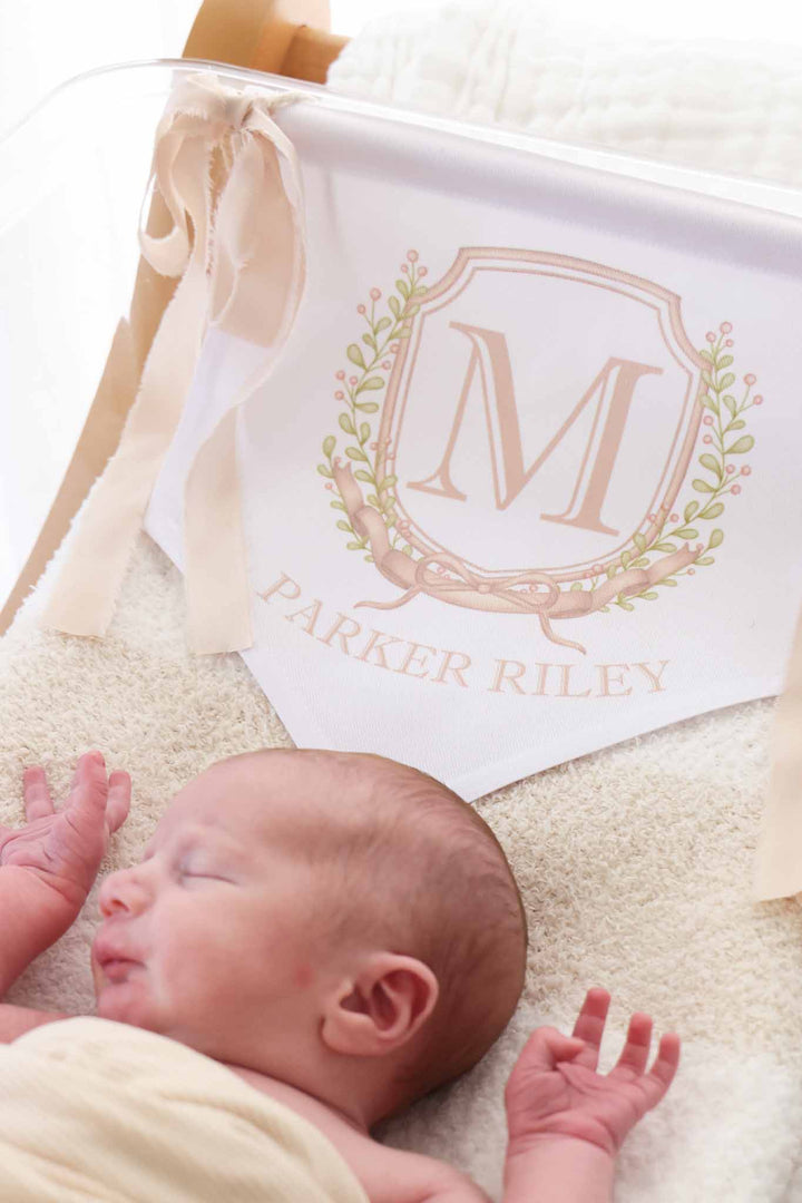 neutral name banner for babies to tie on bassinet for birth announcement 