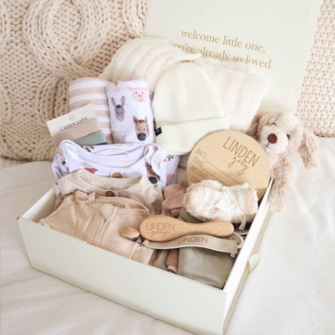 farm themed personalized newborn gift box 