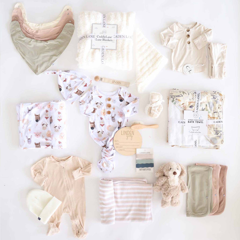 deluxe - neutral farm themed baby shower gift box bundle for newborn boys 