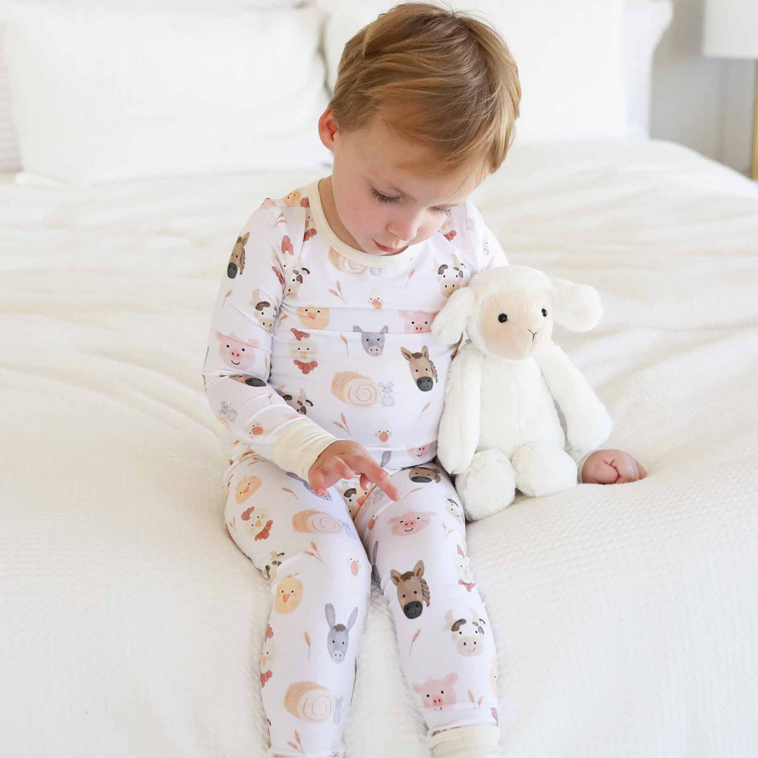 neutral farm animal two piece pajama set for kids