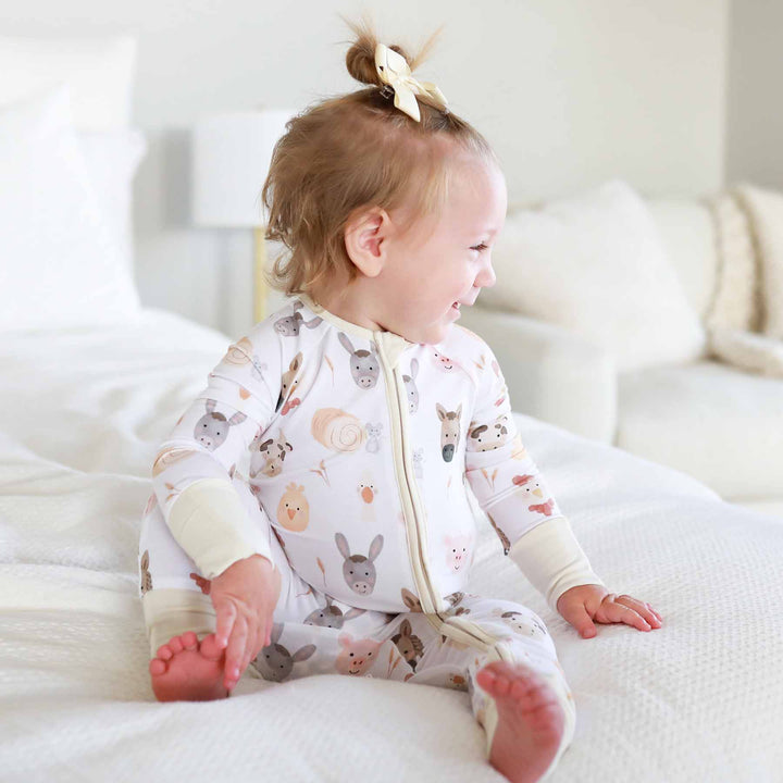 barnyard neutral pajama romper for babies