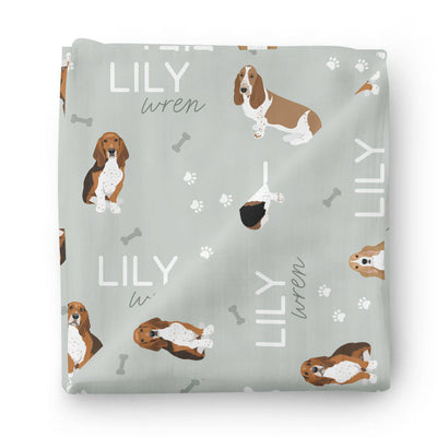 sage green personalized swaddle for babies with basssett hounds 