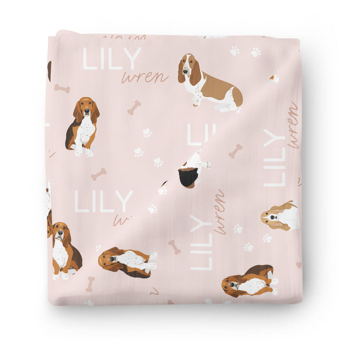 bassett hound personalized swaddle blanket pink 