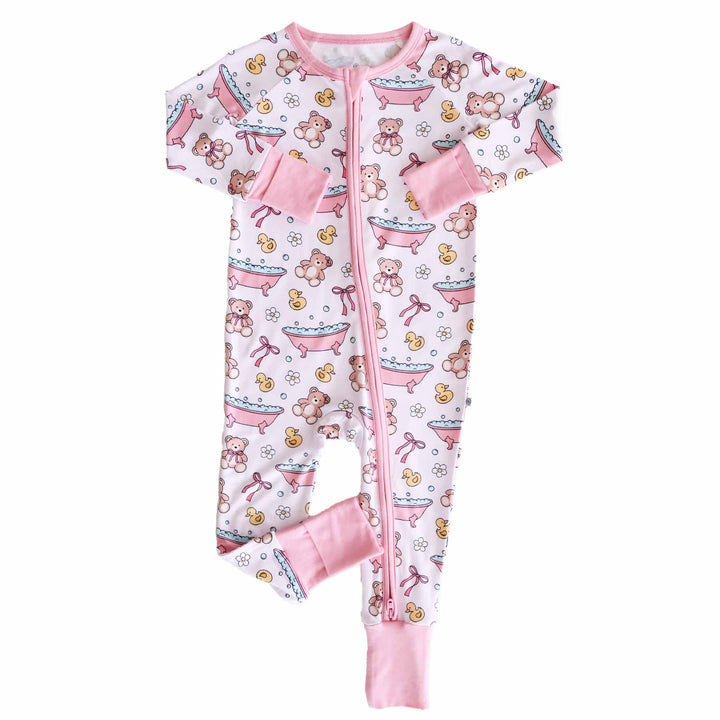 bath tub, rubber duck, teddy bear pink convertible zip romper pajama for babies and toddlers 