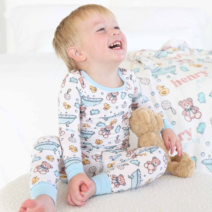bath tub, rubber duck, loofa and bubble two piece pajama set for boys 
