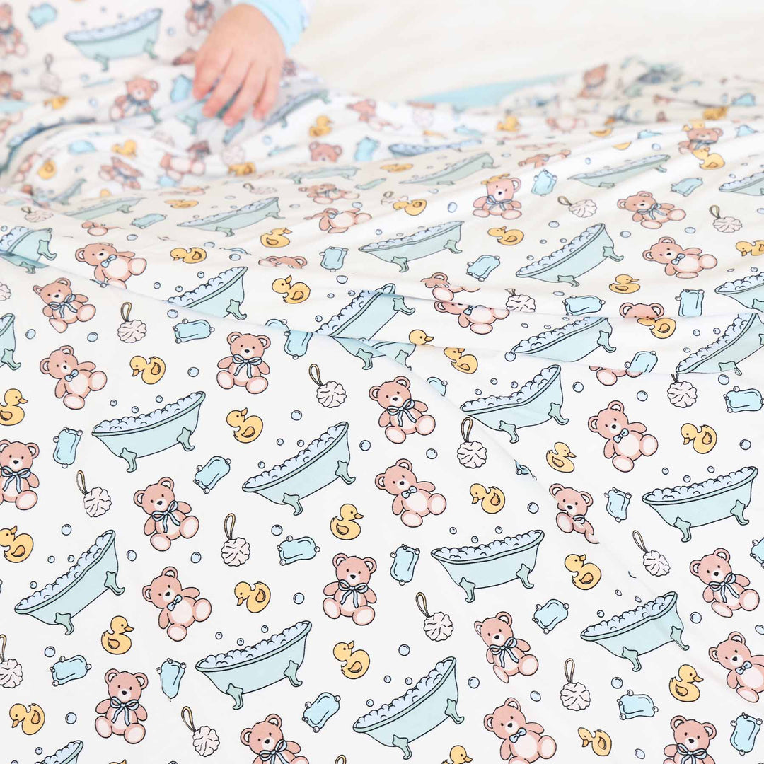 bath tub, teddy bear, loofa, rubber duck double sided bamboo blanket for boys 