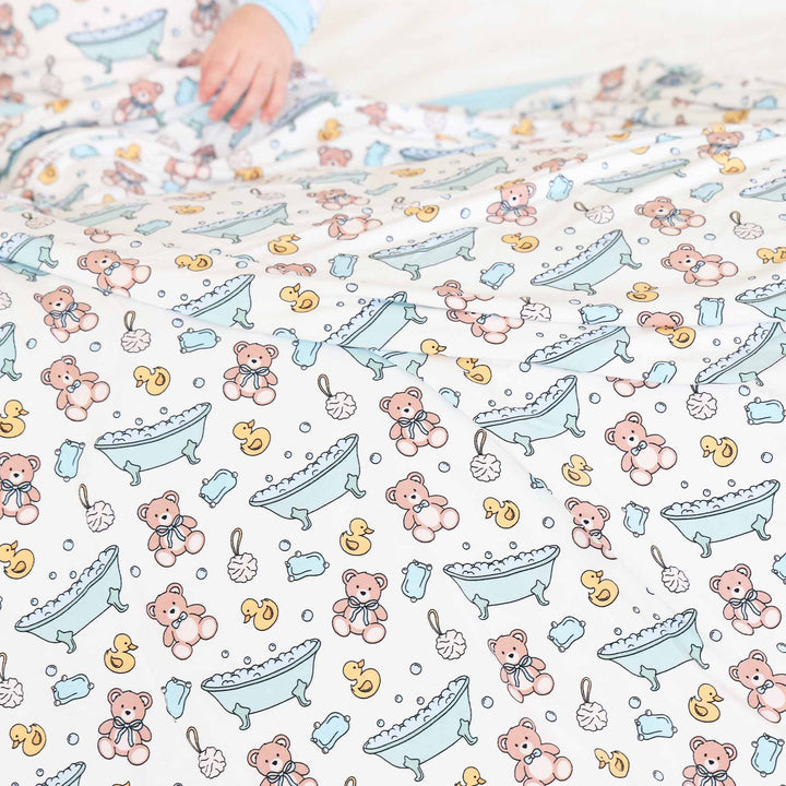 bath tub, teddy bear, loofa, rubber duck double sided bamboo blanket for boys 
