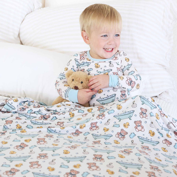 bathtime besties blue sibling matching print bamboo blanket 