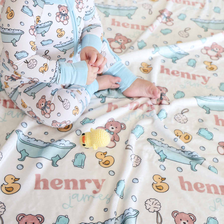 bath tub, rubber duck, loofa personalized name blanket for kids