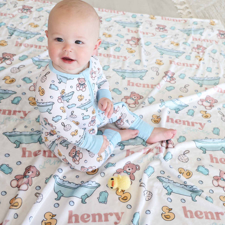 personalized kids blanket bathtime besties blue