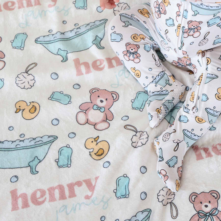 blue bathtime themed personalized name blanket for kids 