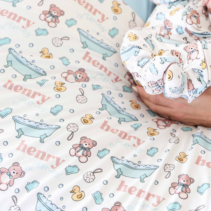blue bathtime besties personalized swaddle blanket 