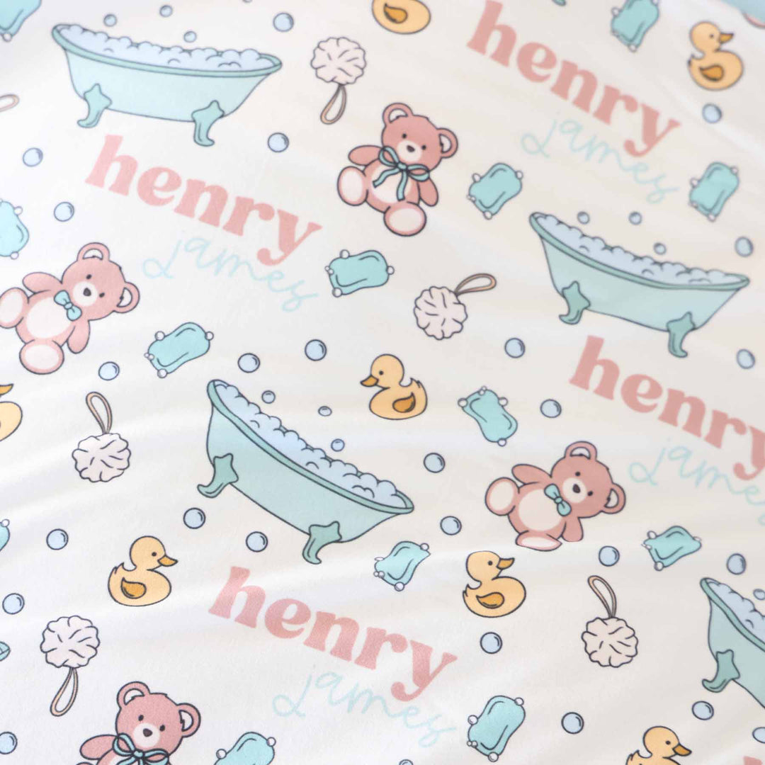 blue bathtime themed personalized swaddle blanket for babies 