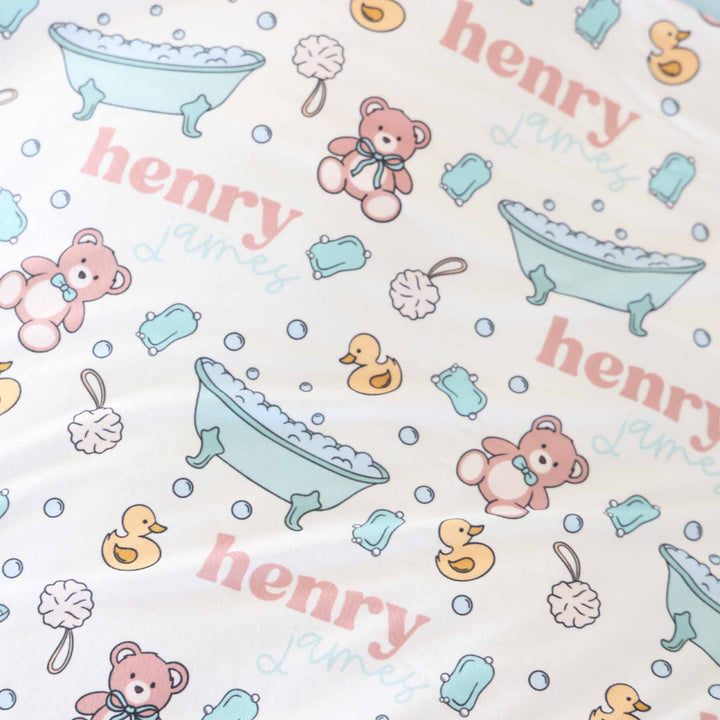 blue bathtime themed personalized swaddle blanket for babies 