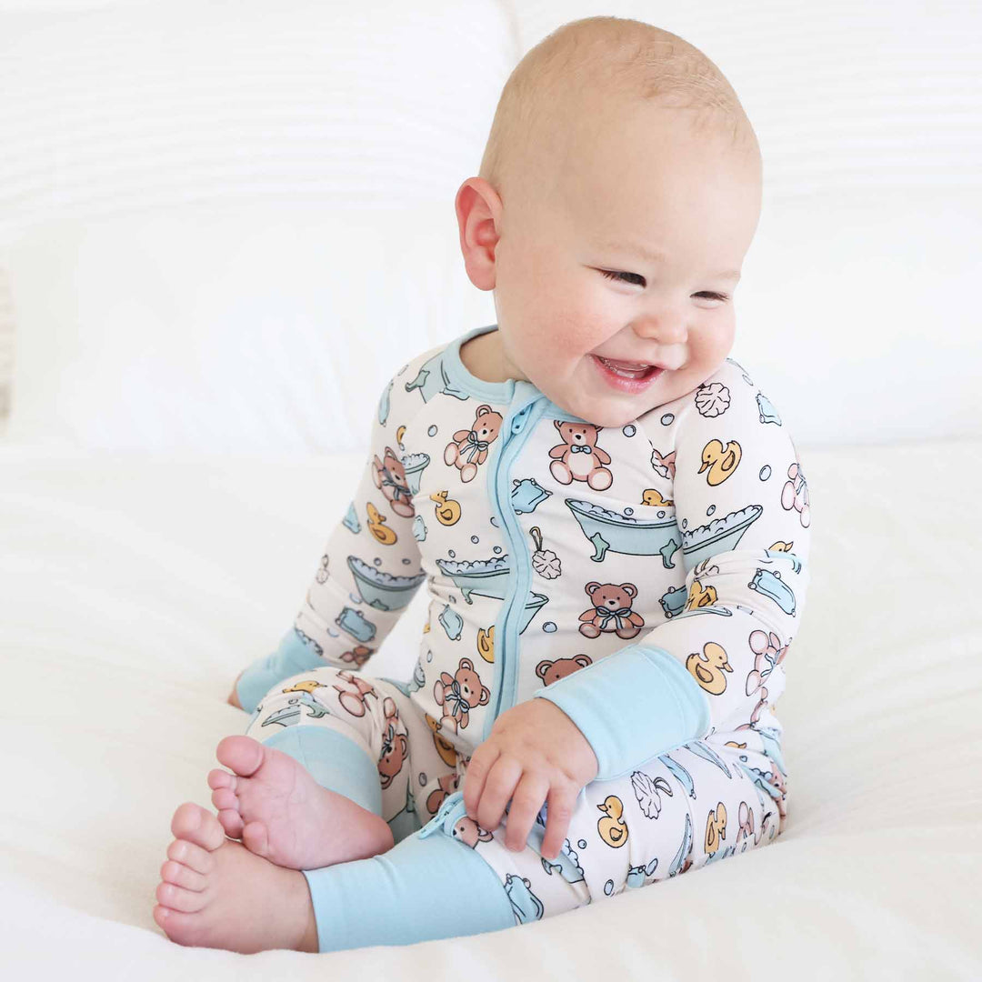 bath tub, teddy bear, loofa blue convertible zip romper pajama for babies and toddler boys 