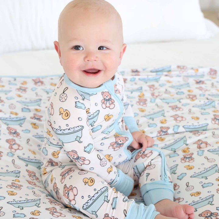 toddler convertible zip romper pajama blue bathtime themed