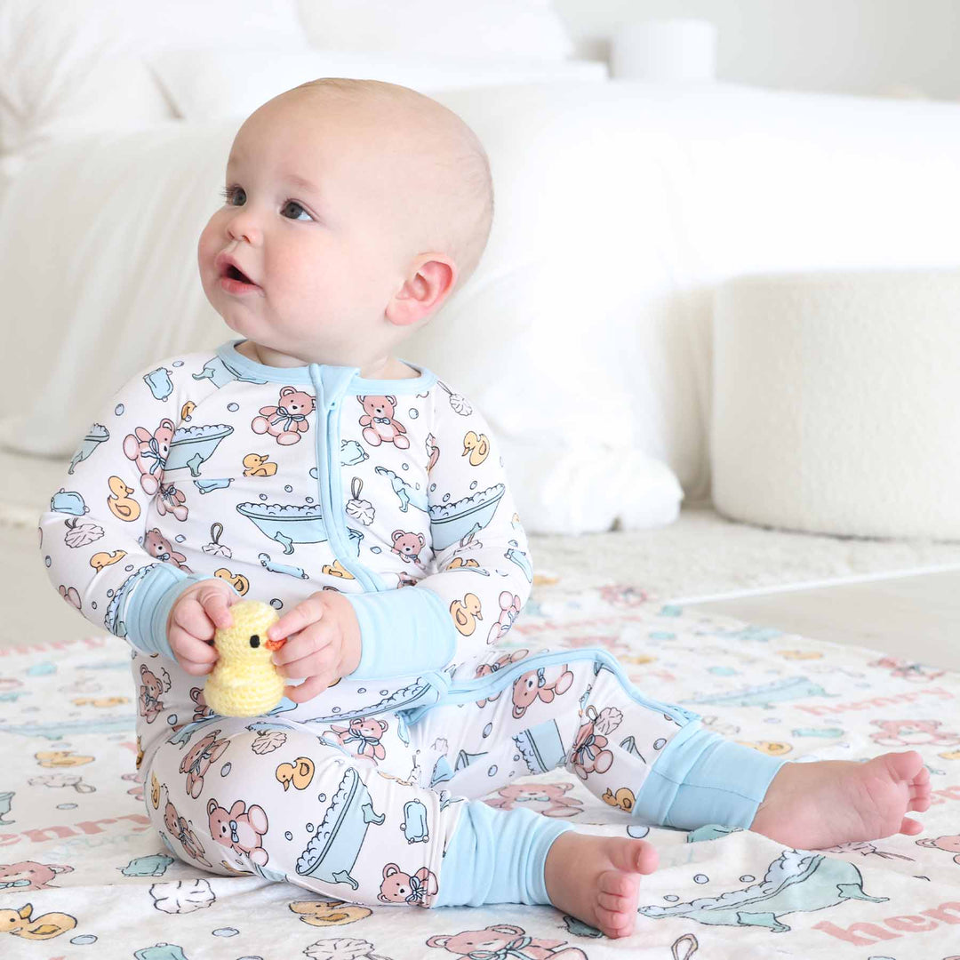 bath time besties blue bamboo convertible zip romper pajama for babies and toddlers 