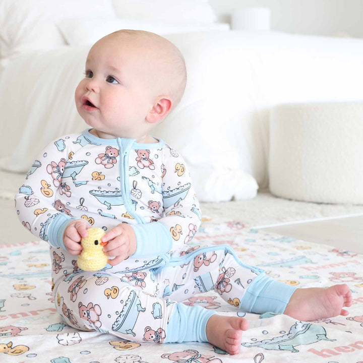 bath time besties blue bamboo convertible zip romper pajama for babies and toddlers 