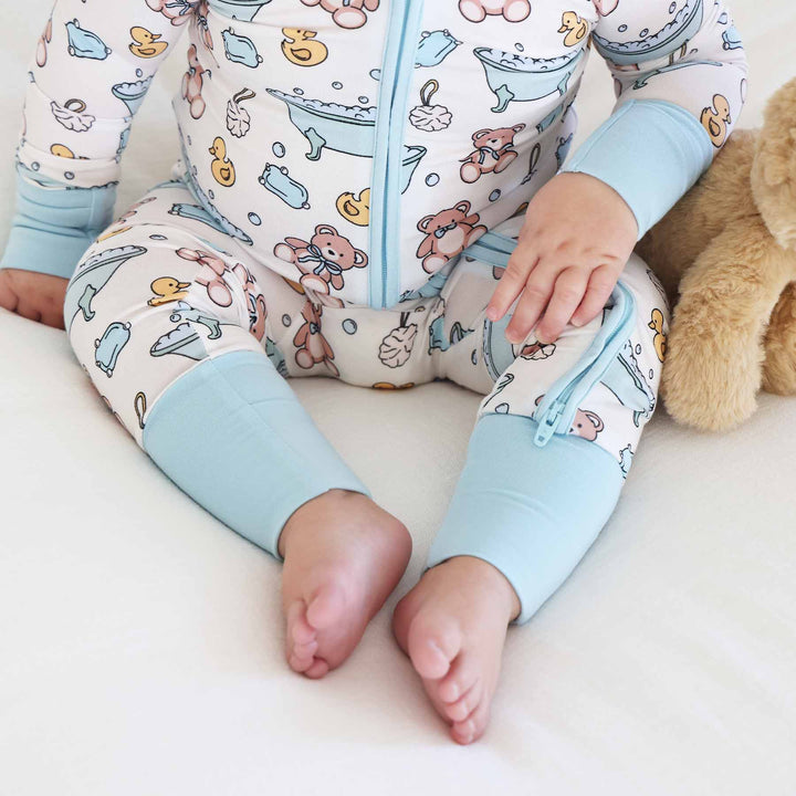 sibling matching pajamas bathtime besties blue