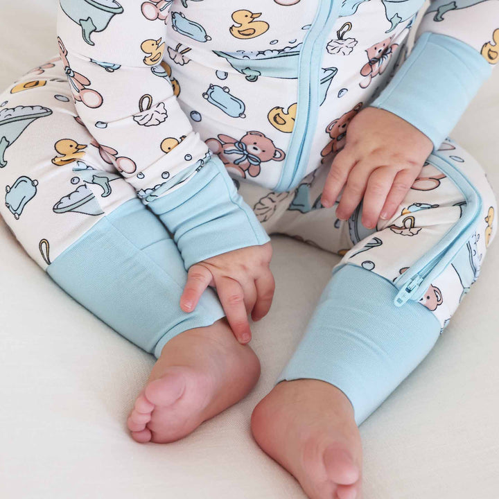 blue bathtime besties convertible zip romper pajama with flip mitts and footies 