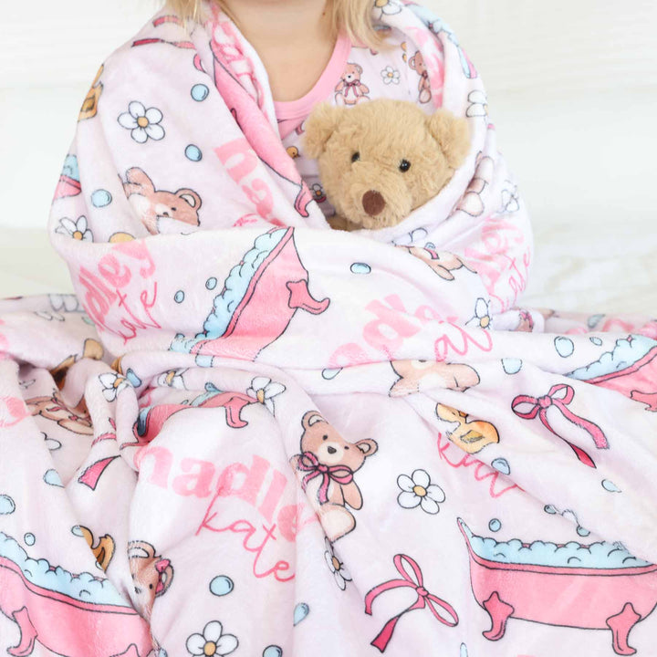 bath tub, teddy bear, rubber duck and bow pink personalized name blanket for kids 