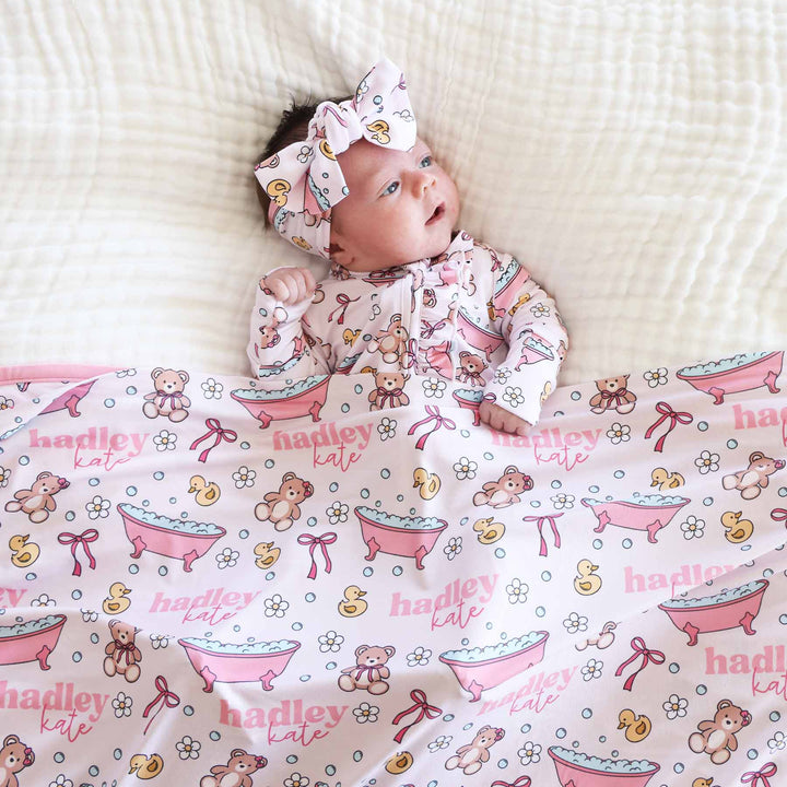 bath time besties personalized swaddle blanket pink 