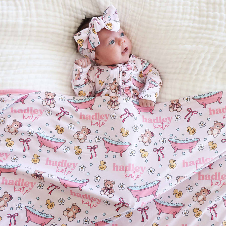 pink personalized swaddle blanket bath time besties 