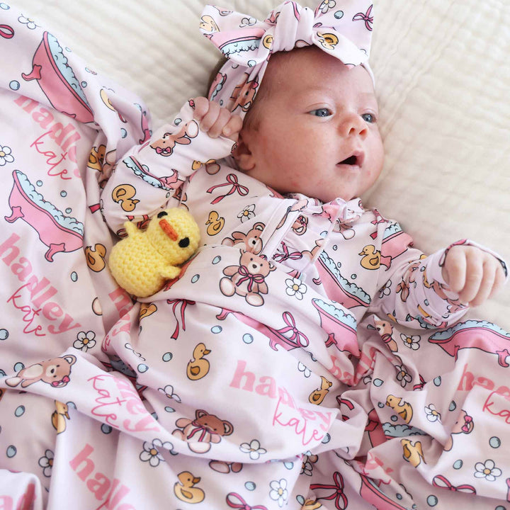 newborn personalized swaddle pink bath time besties 