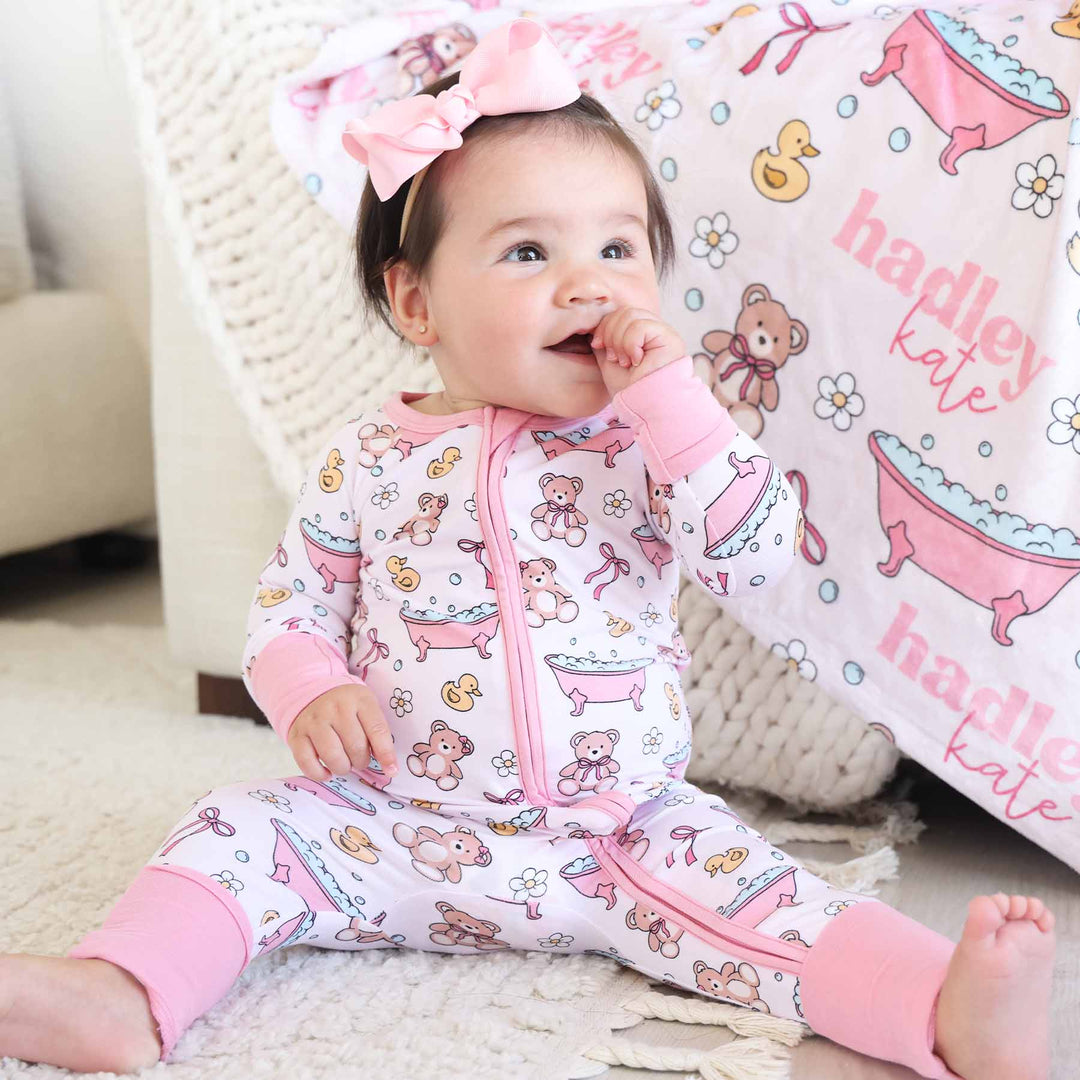 pink bath pajama romper for baby and toddler girls 