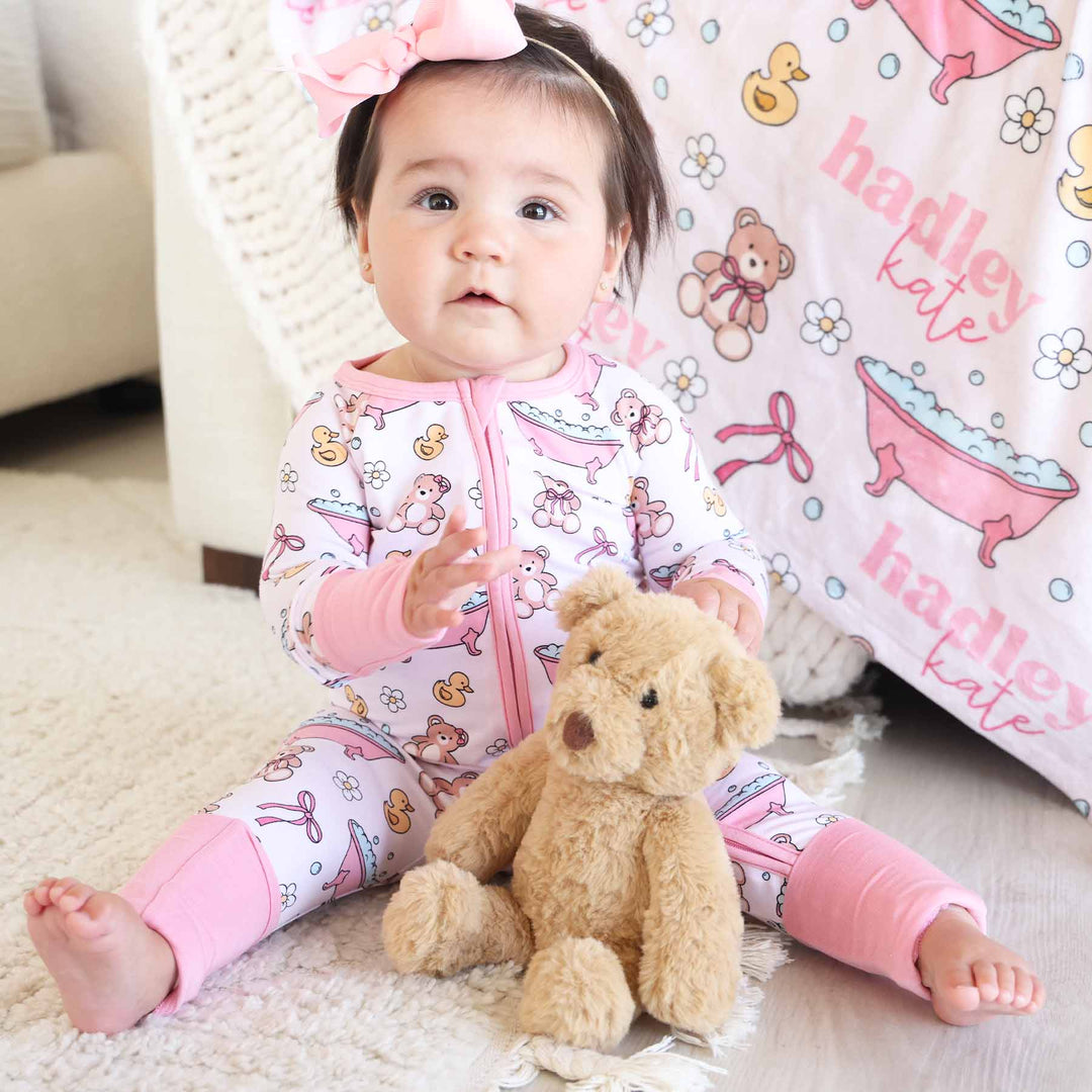 bathtime besties pink bamboo convertible zip romper pajama for girls 