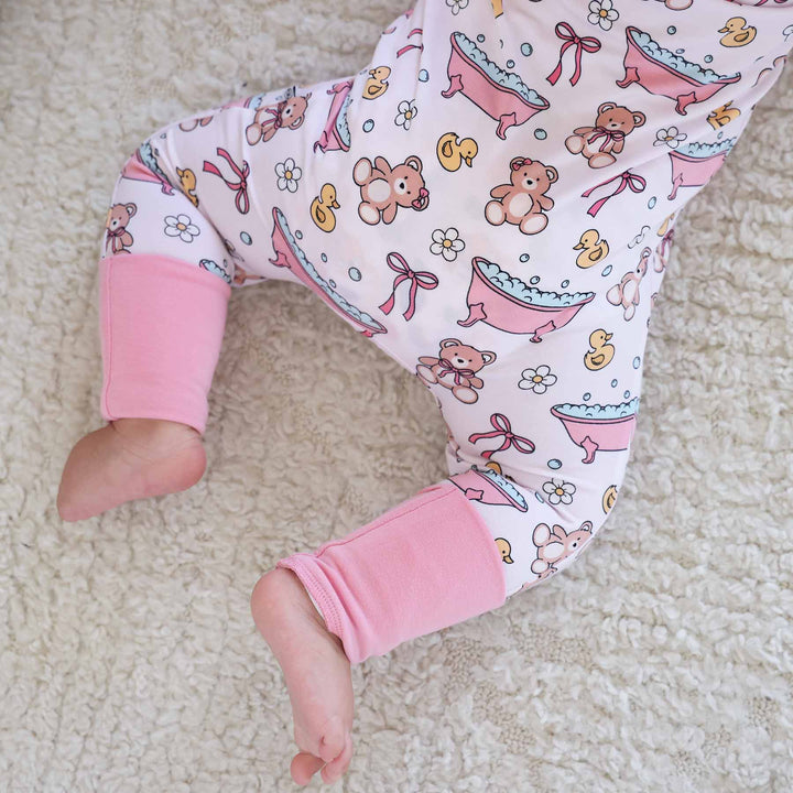 pink bath themed pajama romper for baby girls bamboo 