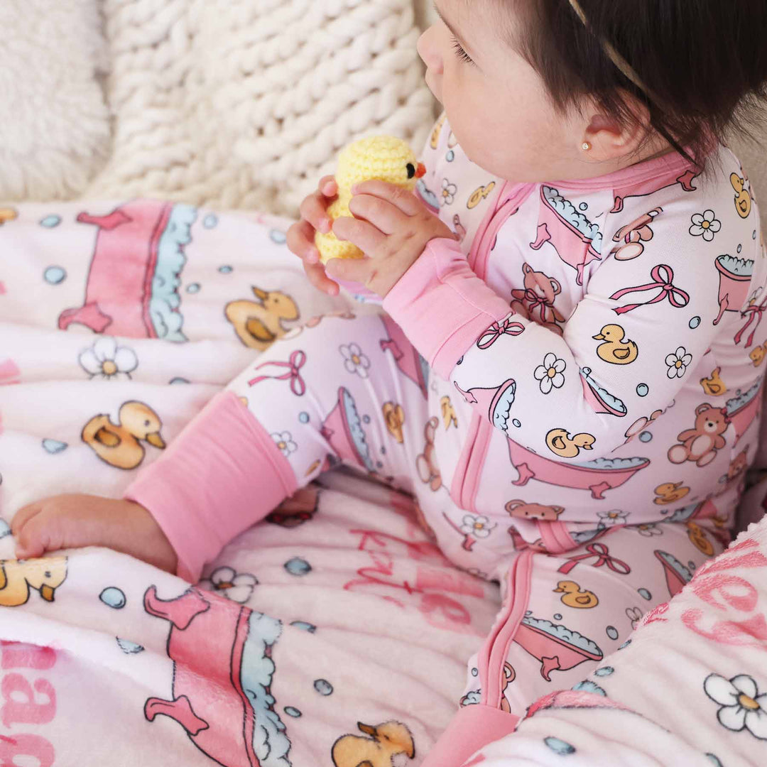 bathtime besties convertible zip romper pajama for babies and toddlers pink 