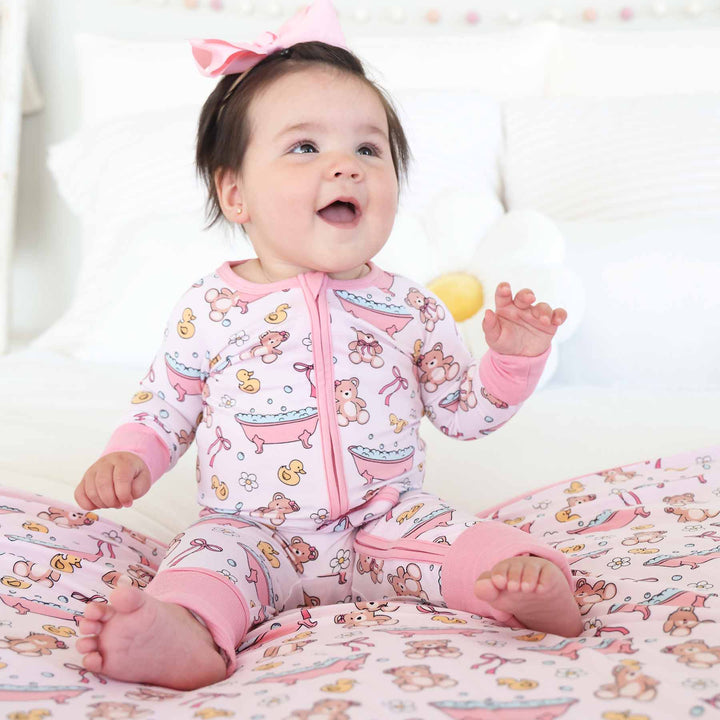 baby convertible zip romper pajama pink bathtub