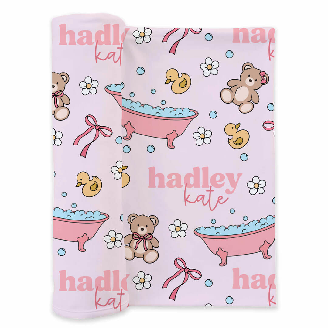 pink bath time besties personalized swaddle blanket for babies 