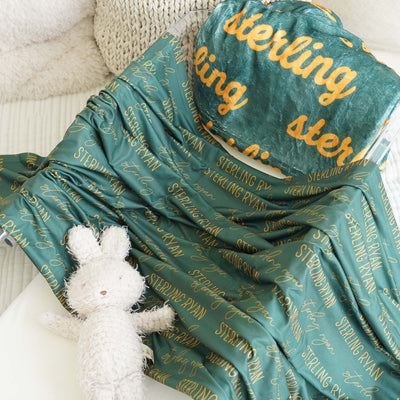 Personalized Bear Green Baby Name Swaddle Blanket - Block & Script