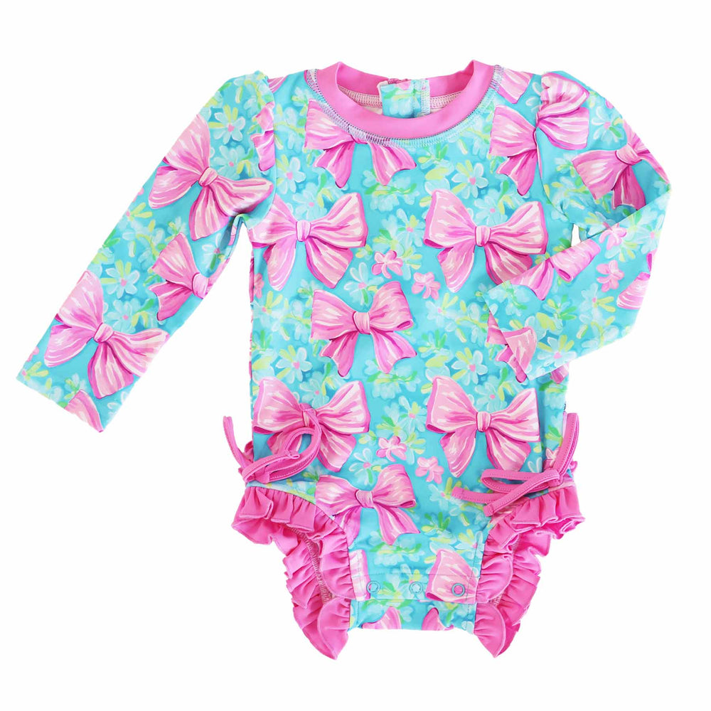 tropical bow print long sleeve rash swimsuit with ruffle bottom for toddlers