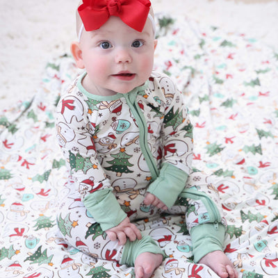 red, green and white christmas pajama romper for babies 