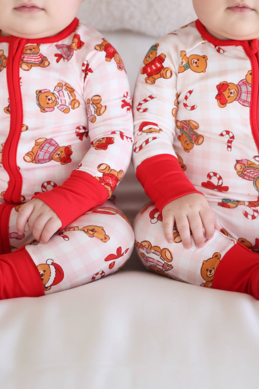 christmas teddy bear convertible zip romper pajama for babies and toddlers sibling matching 