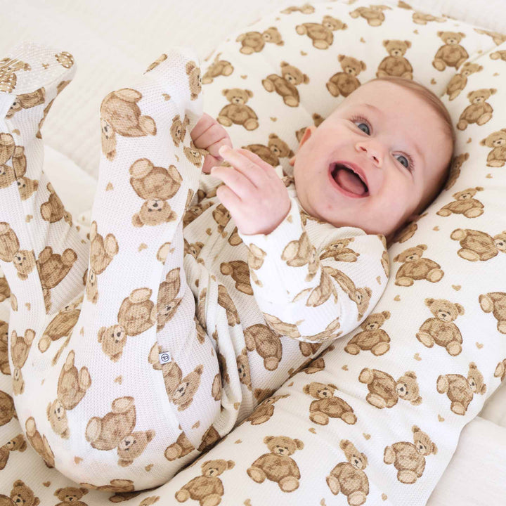 bamboo waffle zipper footie for babies with brown teddy bears 