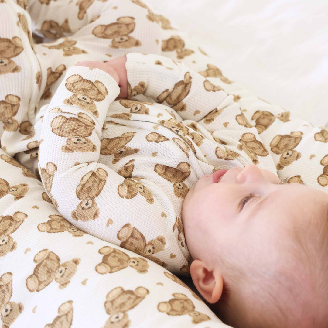 beary sweet bamboo waffle zipper footie with hearts