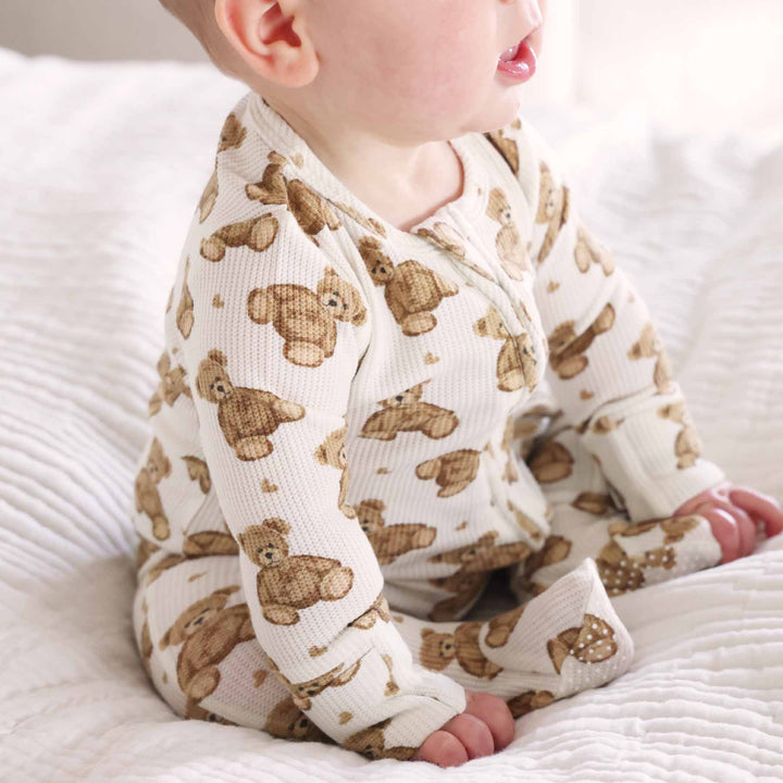 teddy bear bamboo waffle zipper footie for babies 